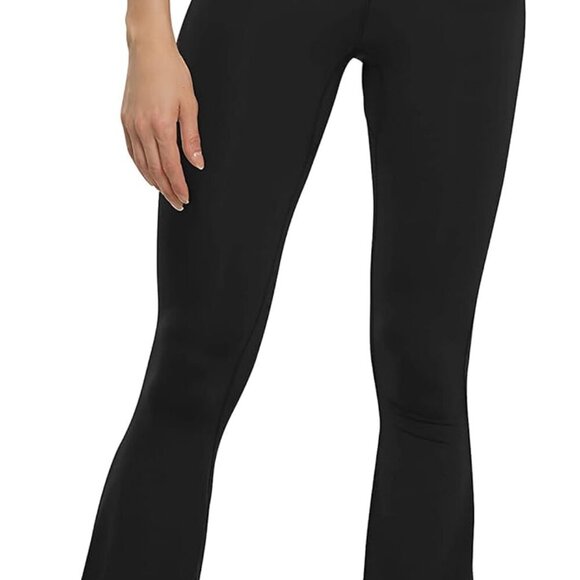 Women's Black High-Waisted Flare Yoga Pants with Pockets, 28-inch Inseam, Tummy - Picture 1 of 6
